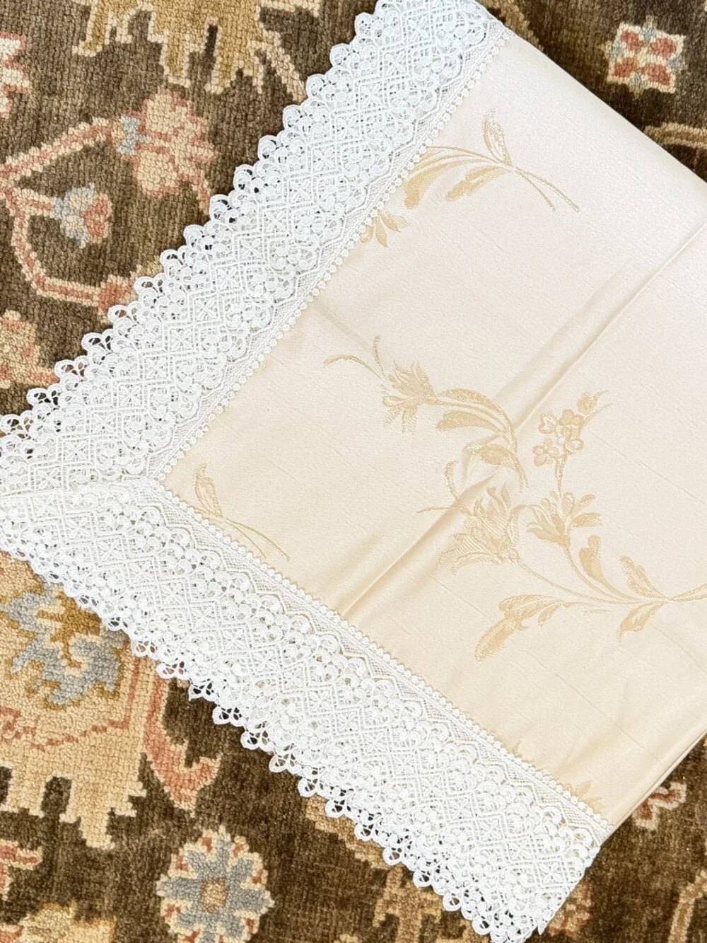 Beige Satin Tablecloth With Embroidered Flowers NEW From Turkey